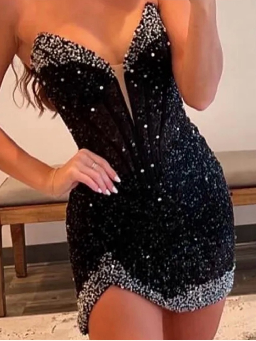 Sparkling Black Strapless Bodycon Sequin Corset Dress with Beading